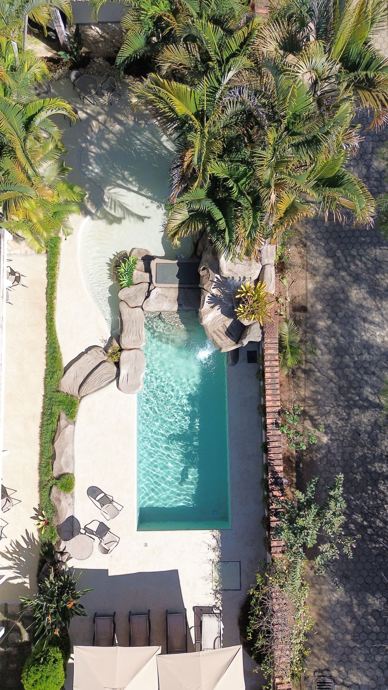 Uma vista aérea de uma grande piscina cercada por palmeiras.