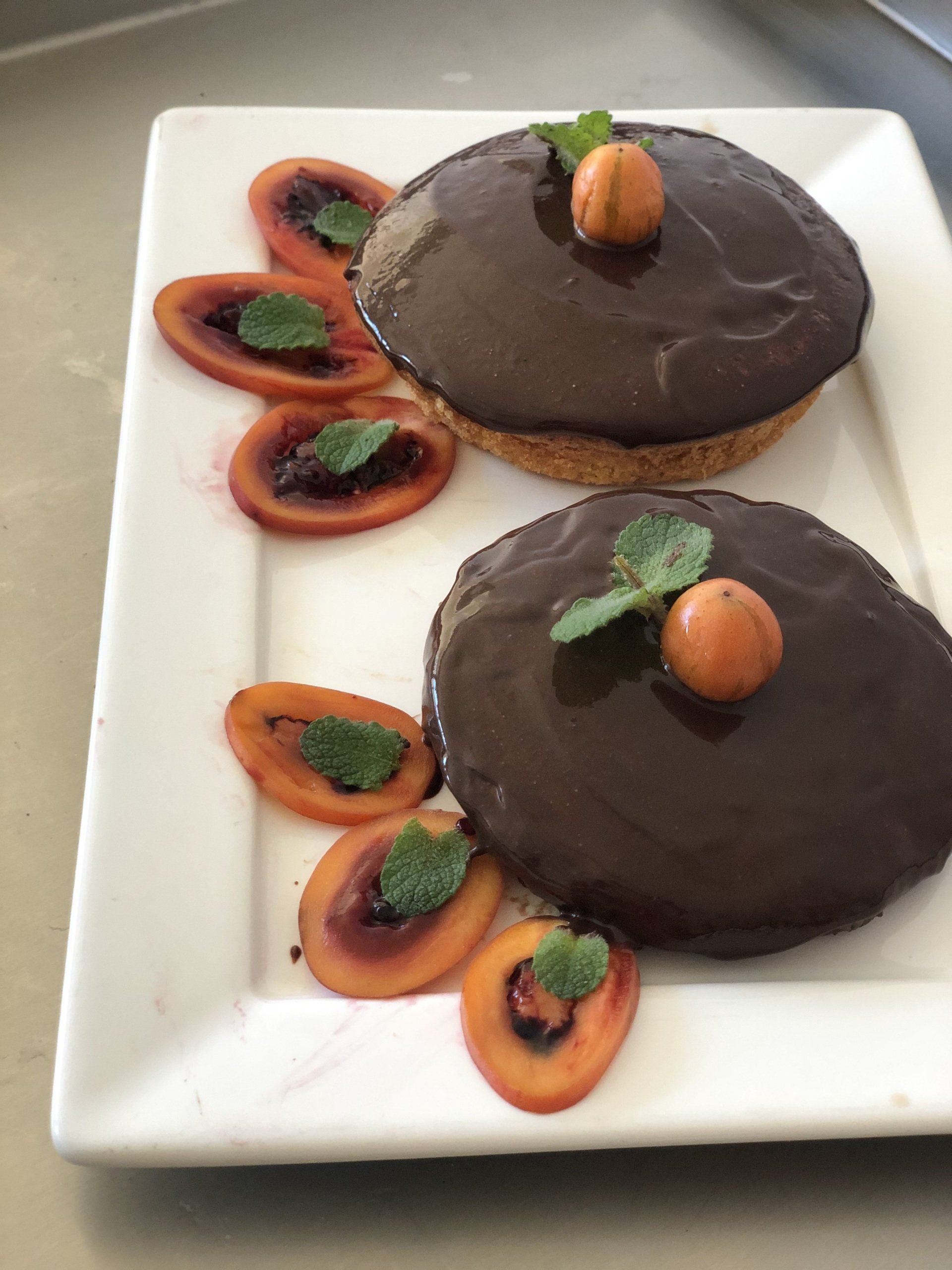 Um prato branco coberto com duas sobremesas cobertas de chocolate