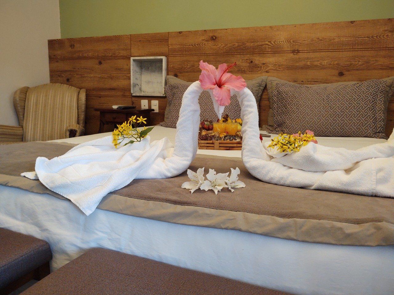 Dois cisnes feitos de toalhas estão em uma cama em um quarto de hotel.