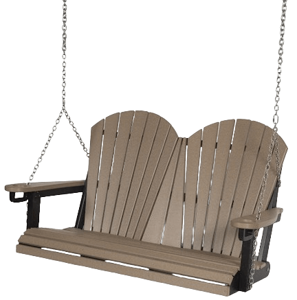 A wooden porch swing is hanging from chains on a white background.