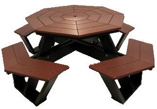 A wooden picnic table with four benches around it