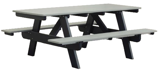 A picnic table with two benches on a white background