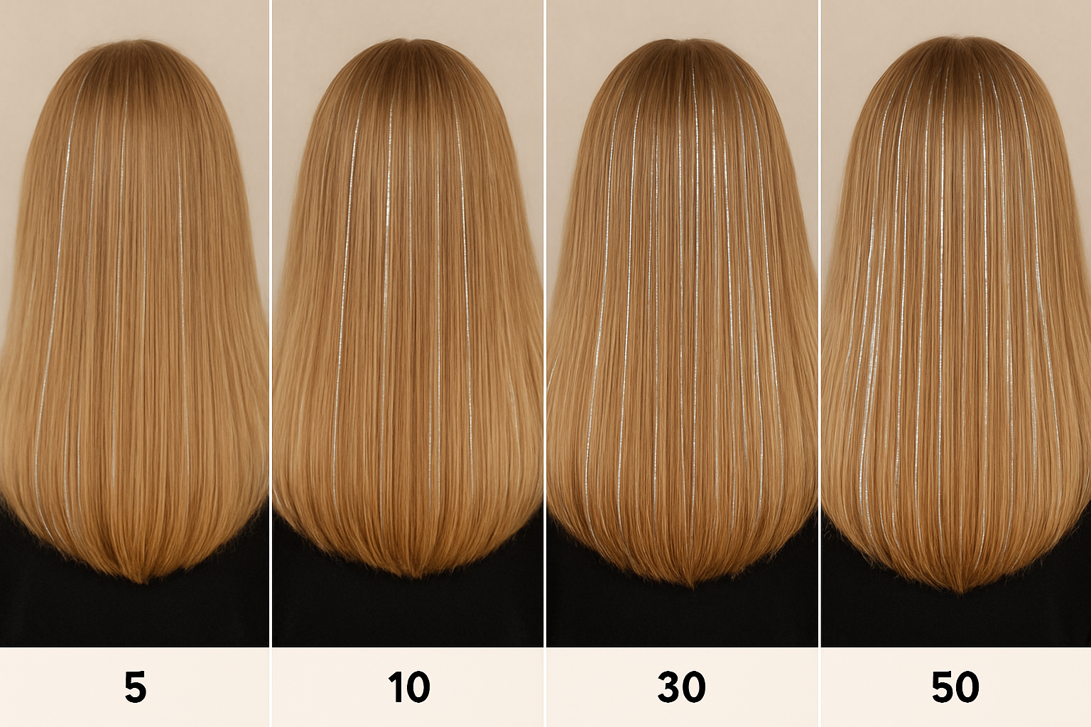 Hair tinsel density comparison: 10 vs 30 vs 50 strands.