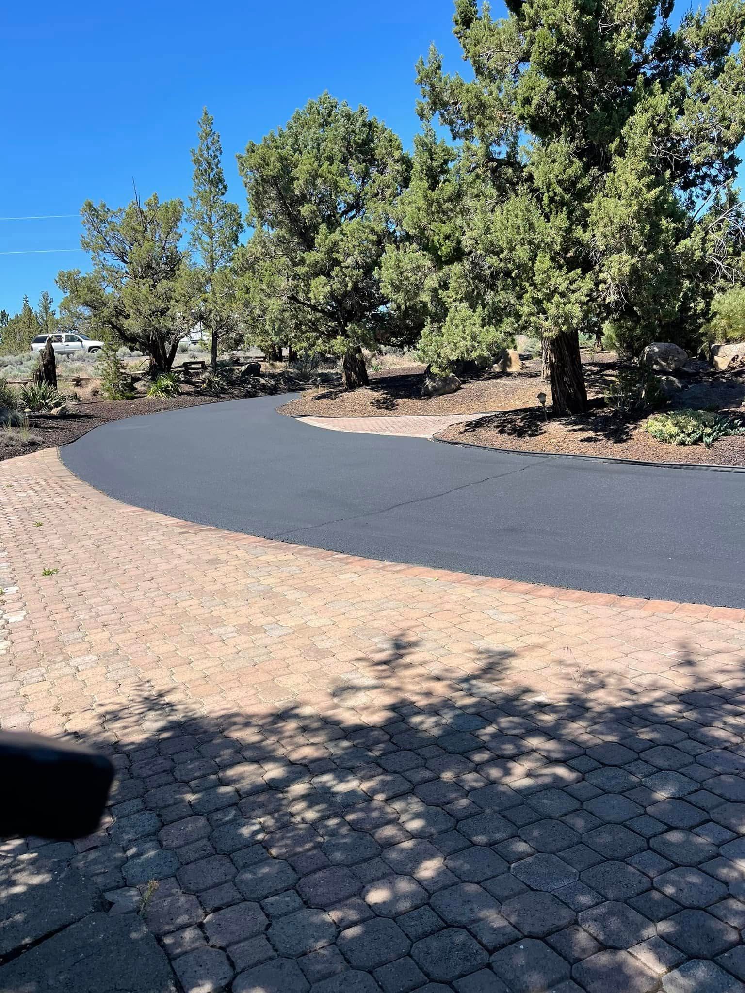 A brick driveway with a lot of trees in the background.