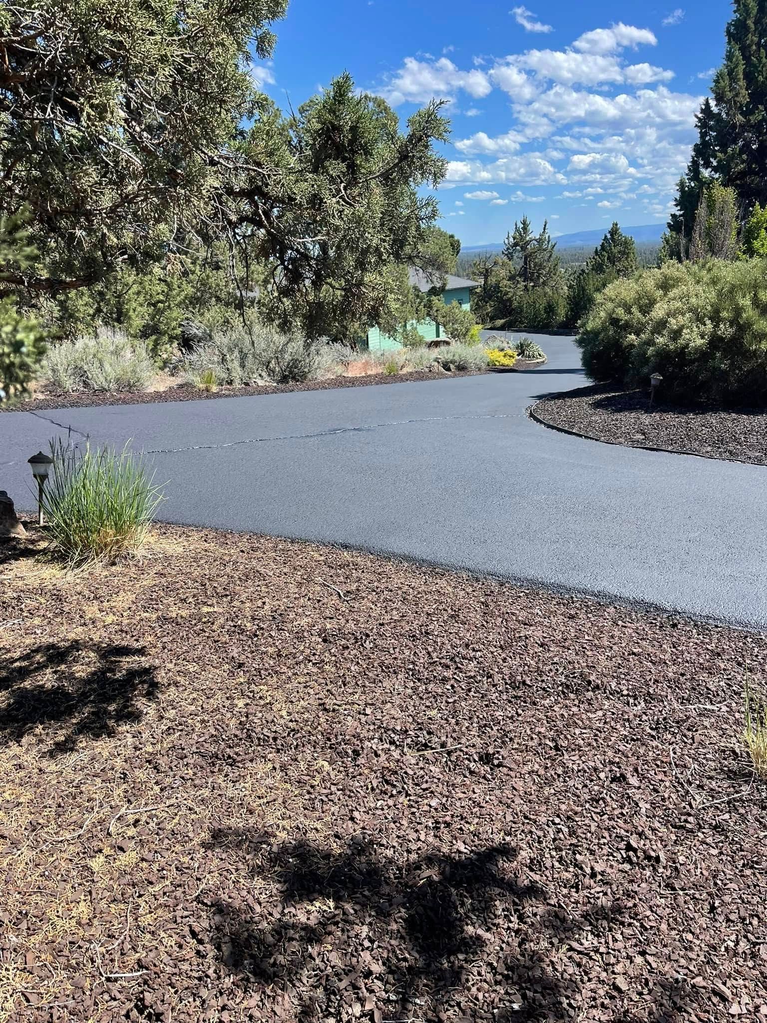 A asphalt driveway surrounded by trees and mulch on a sunny day.