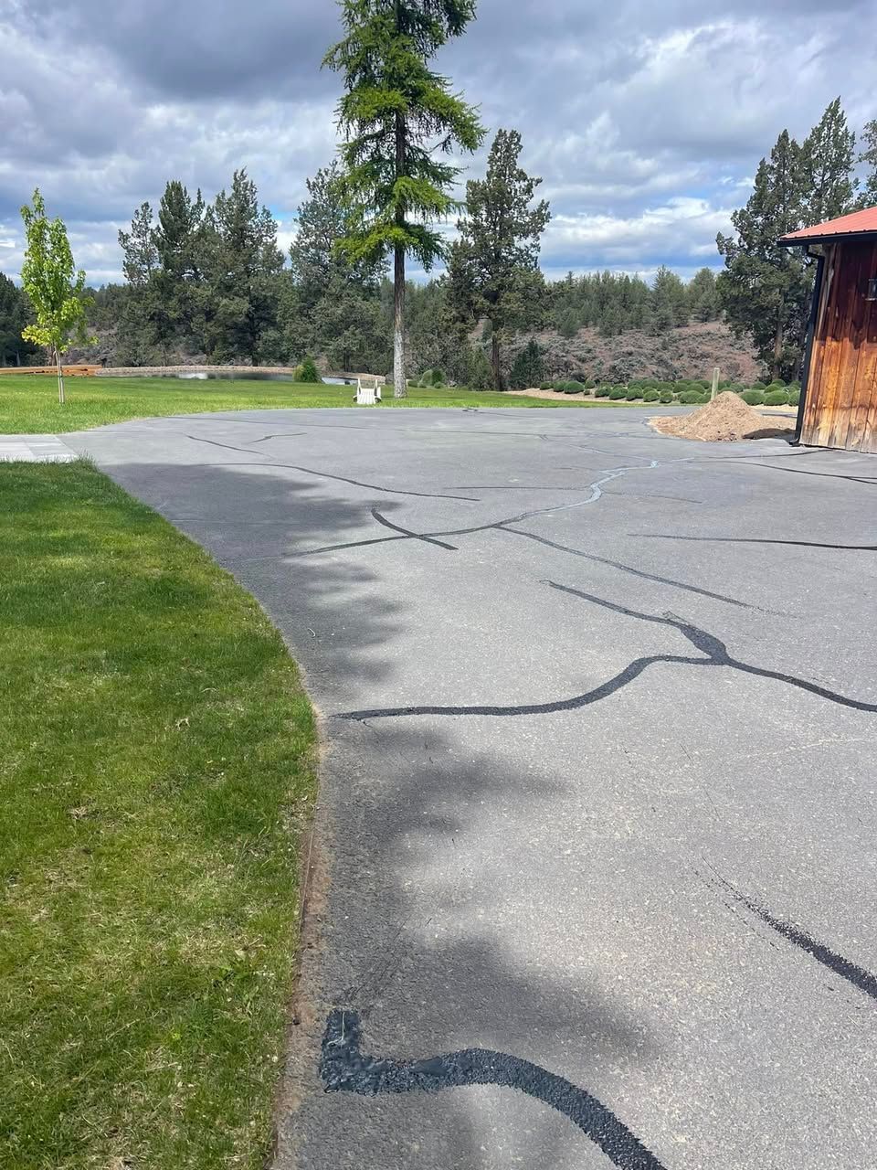 A driveway with a tree in the background and a house in the background.