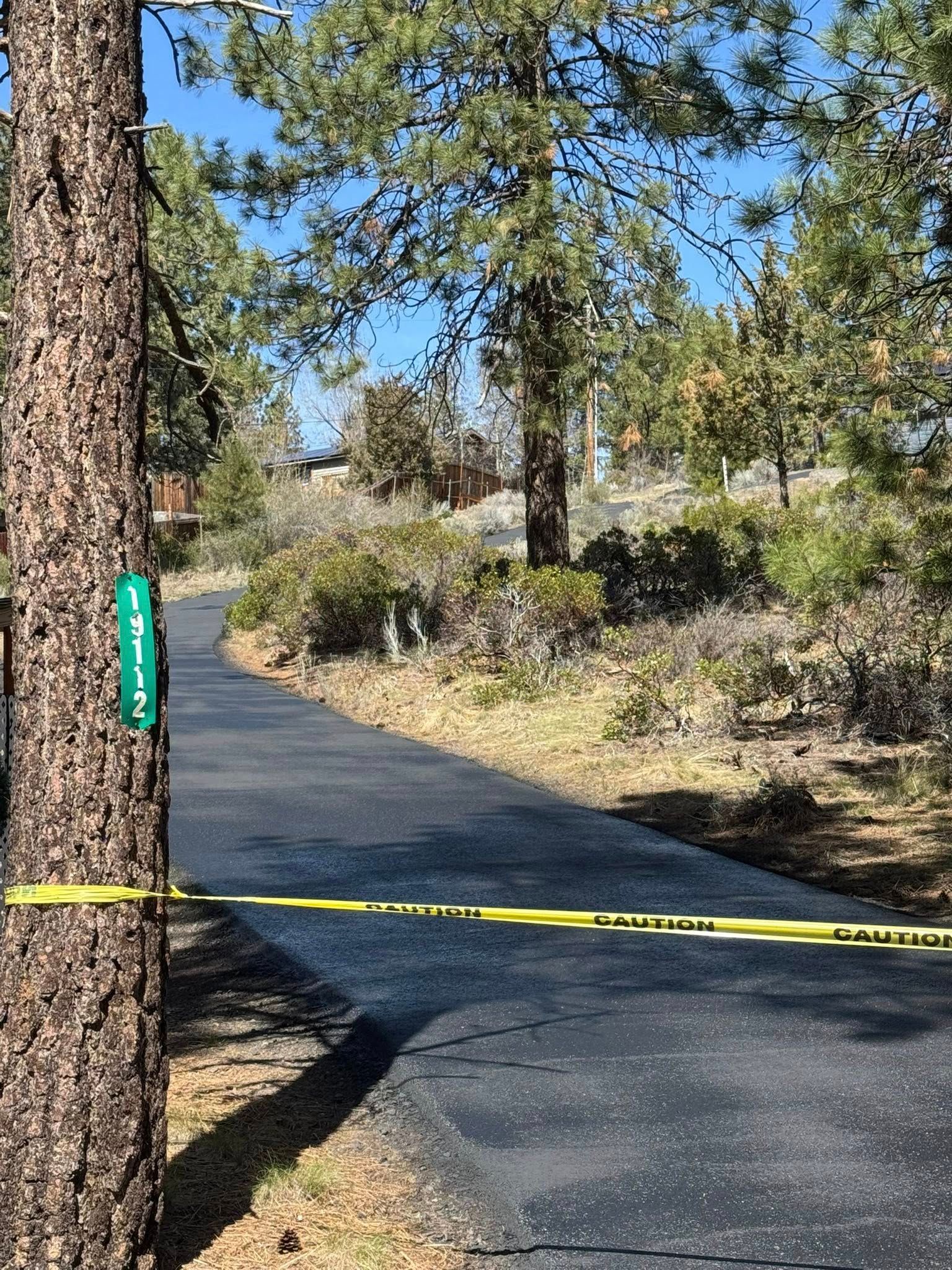 A road surrounded by trees and a yellow tape.