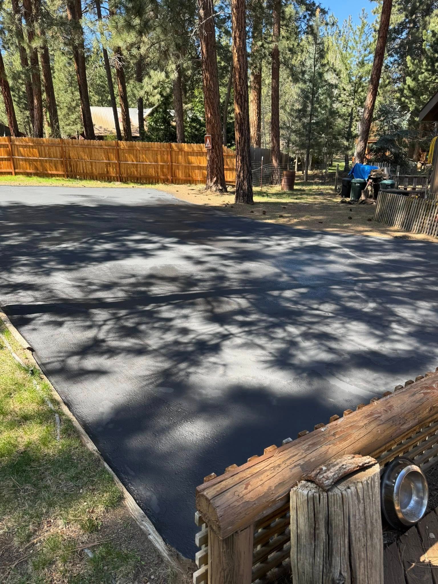 A basketball court in the middle of a forest surrounded by trees.