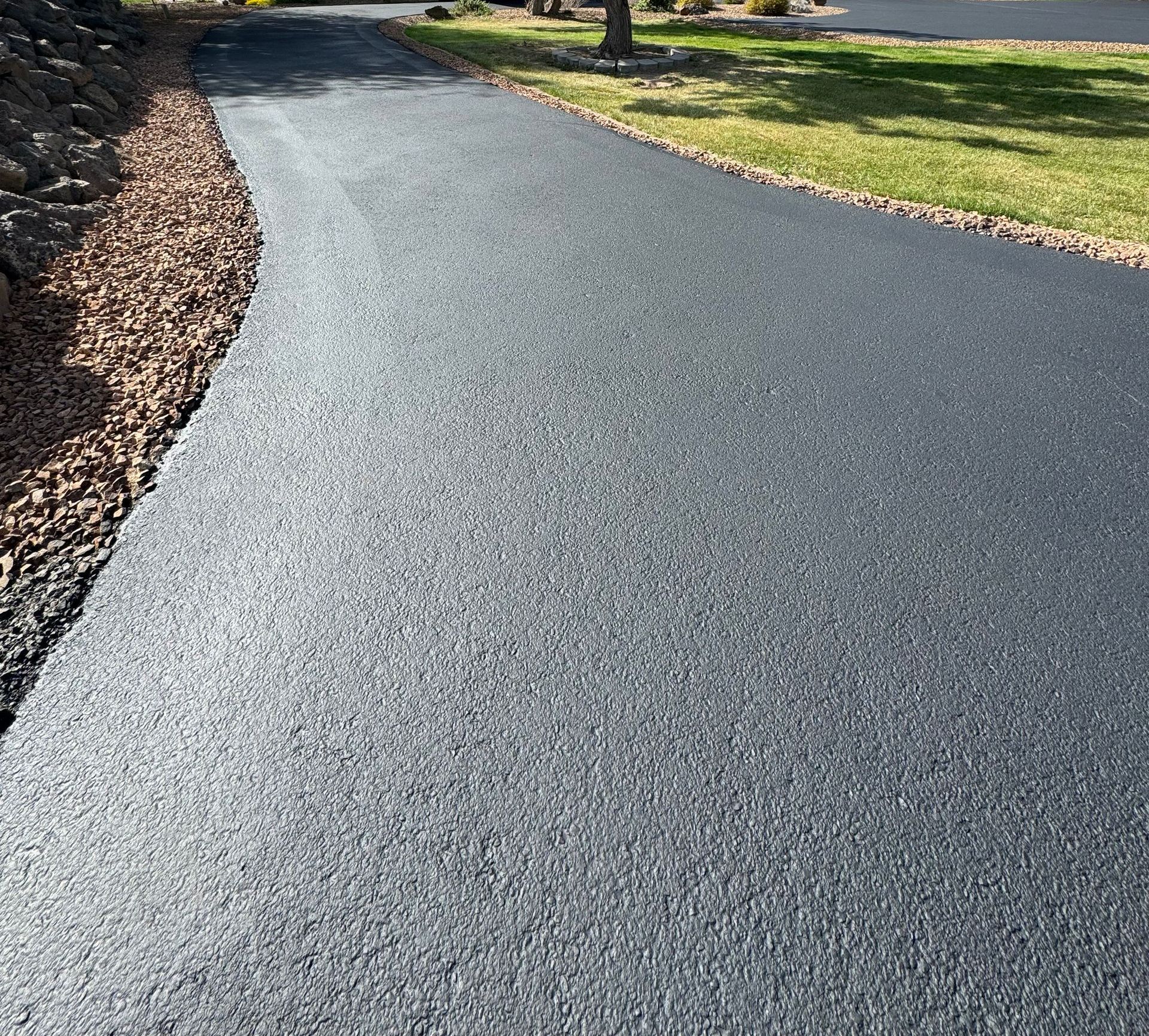 A close up of a black asphalt road with trees on the side.