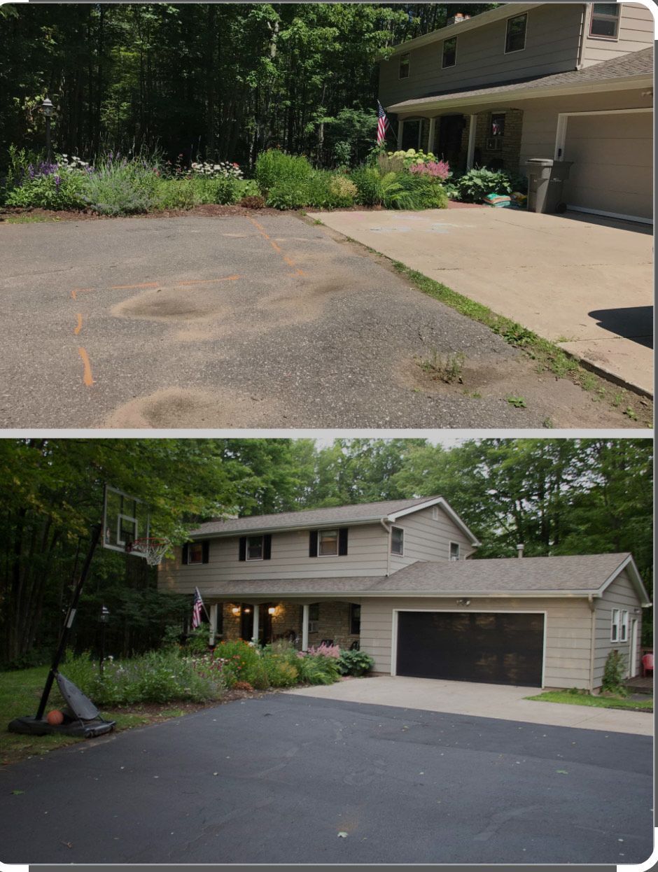 A before and after picture of a house and driveway
