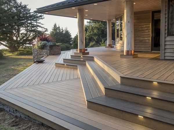 A wooden deck with stairs leading up to it