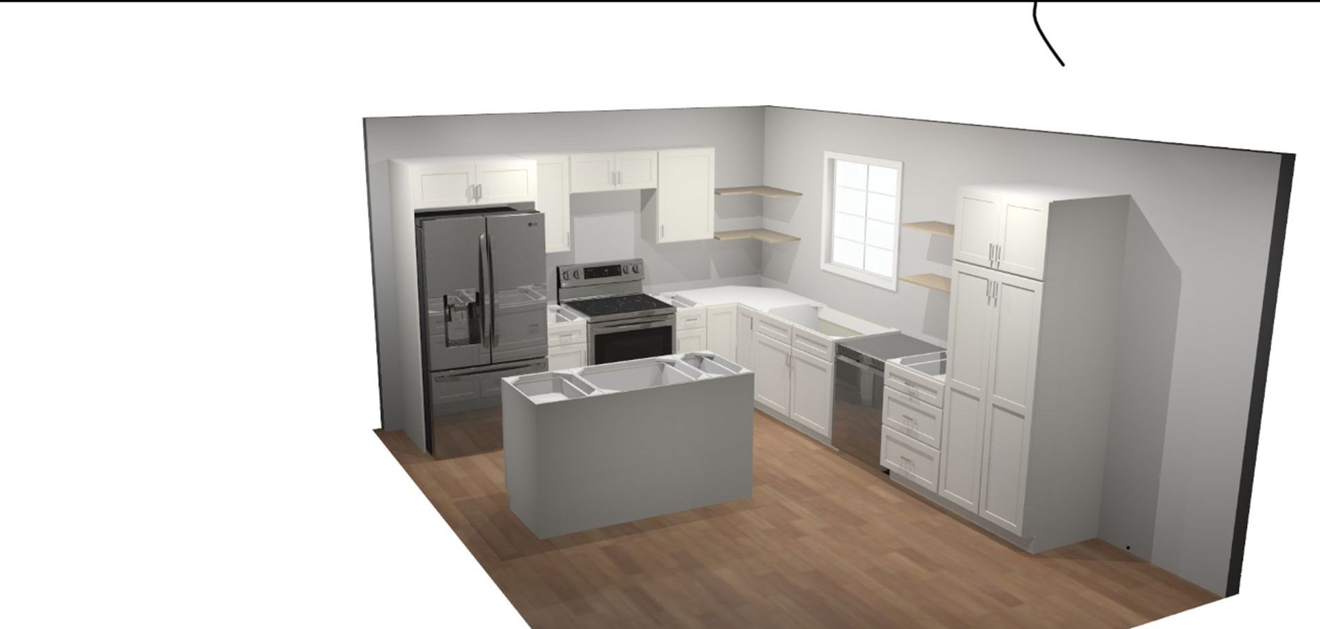 A 3d rendering of a kitchen with white cabinets and stainless steel appliances.