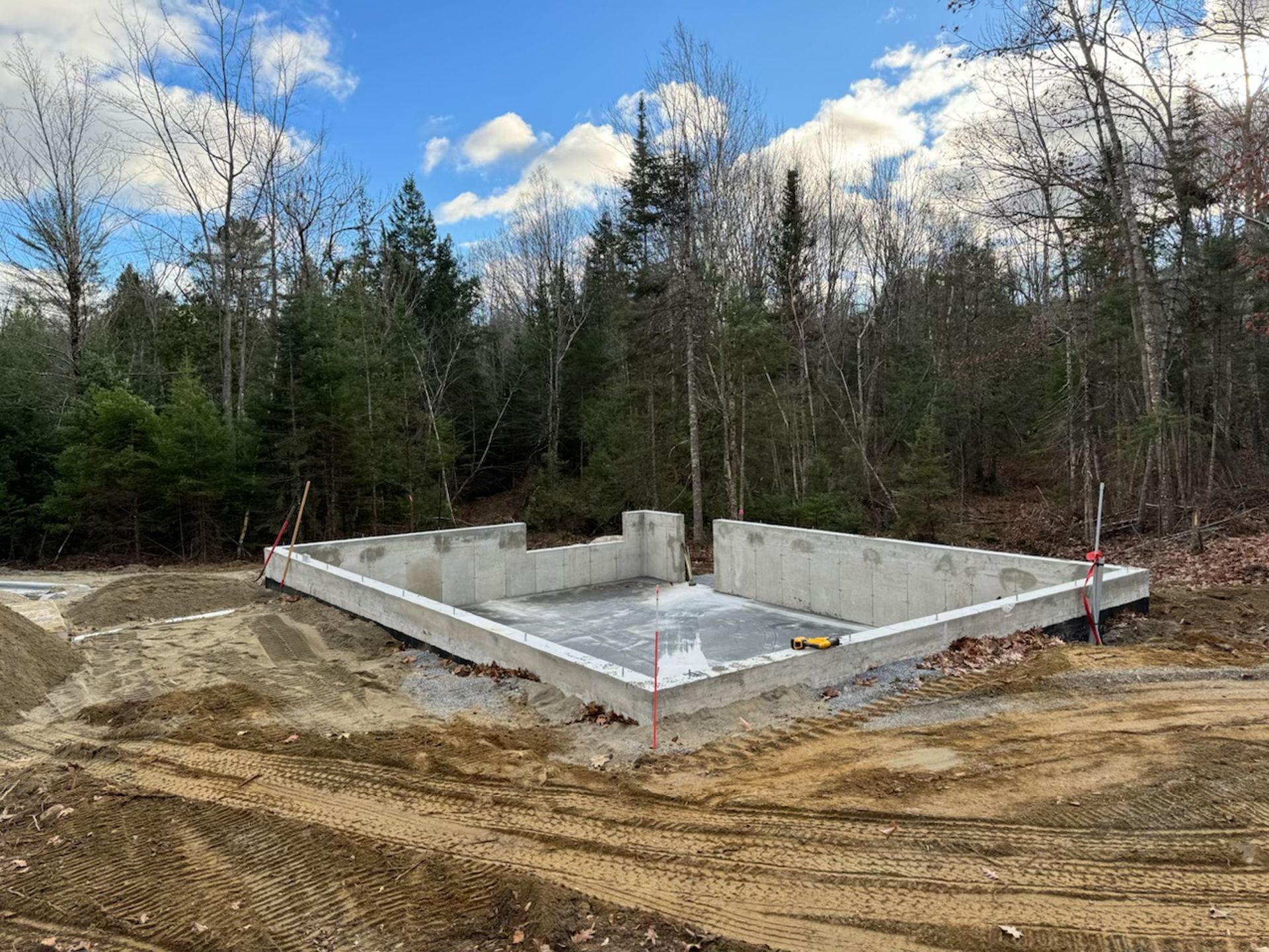 A concrete foundation is being built in the middle of a forest.
