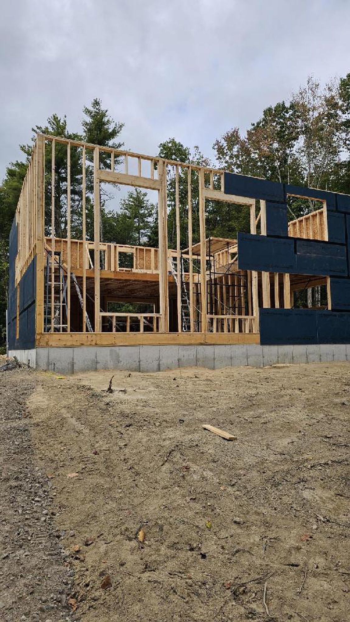 A house is being built in the middle of a dirt field.