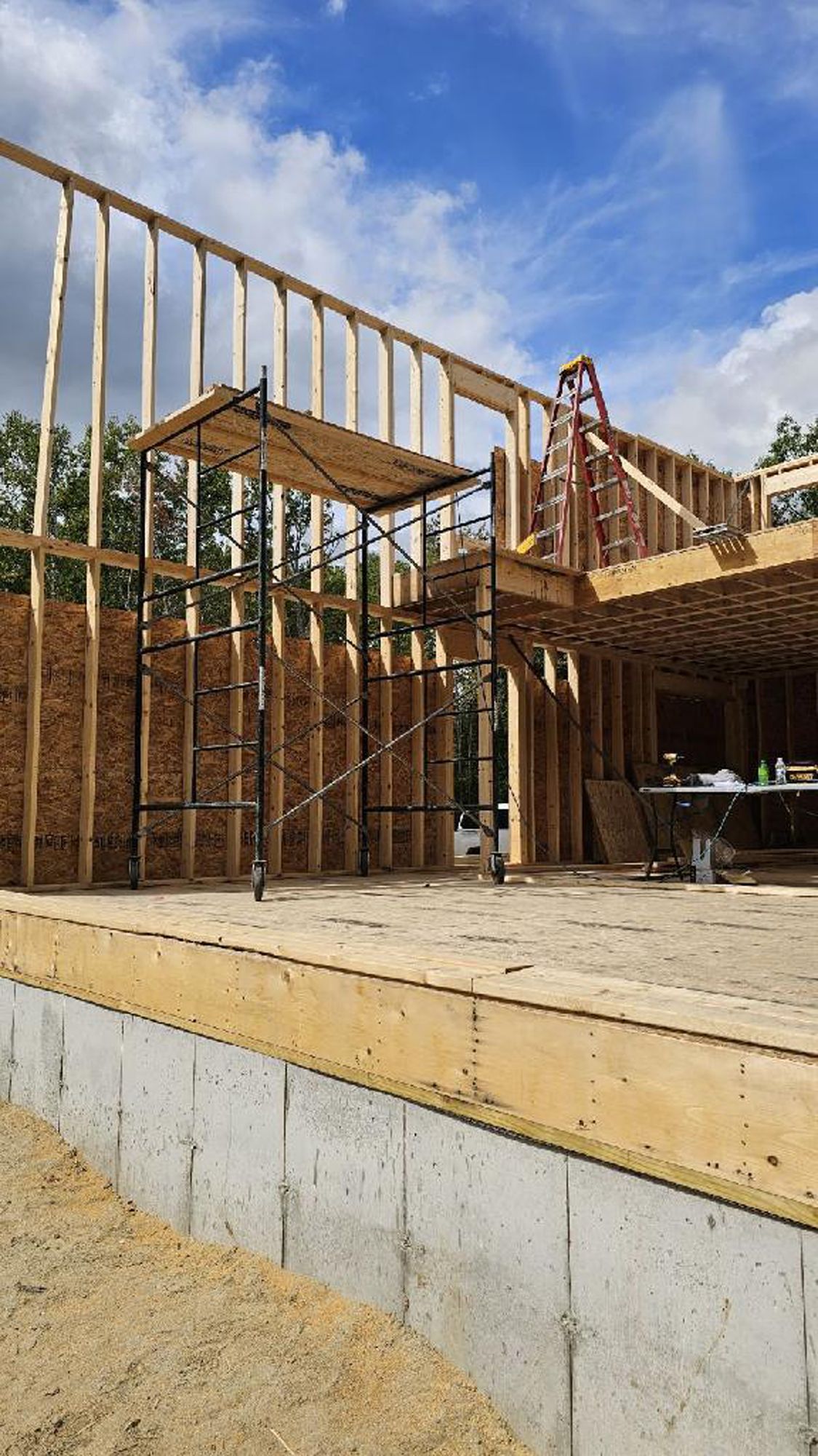 A house is being built with scaffolding and a ladder.