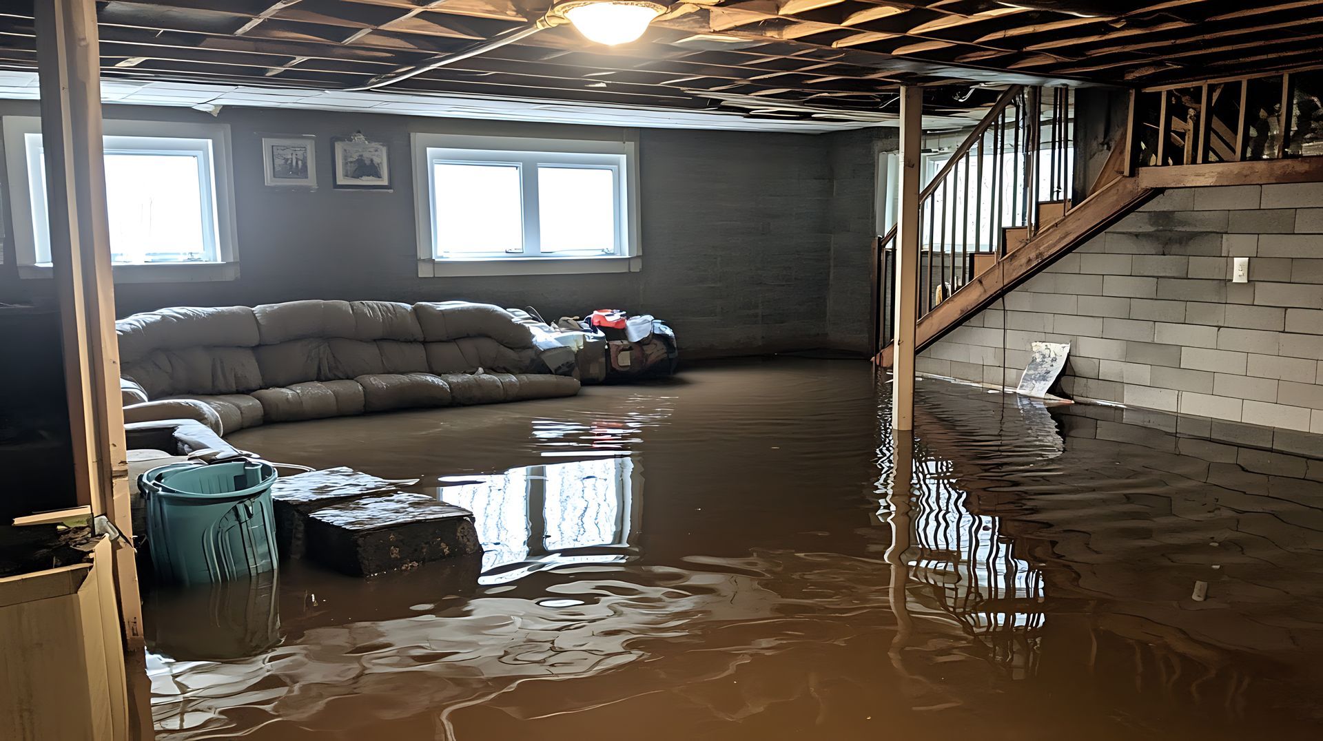 Un sous-sol inondé avec un canapé et des escaliers.