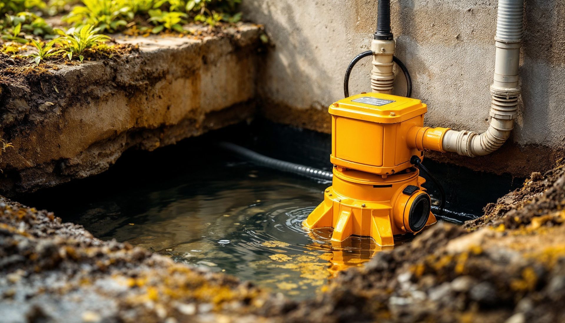 Une pompe jaune est posée dans un trou dans le sol à côté d'un mur.