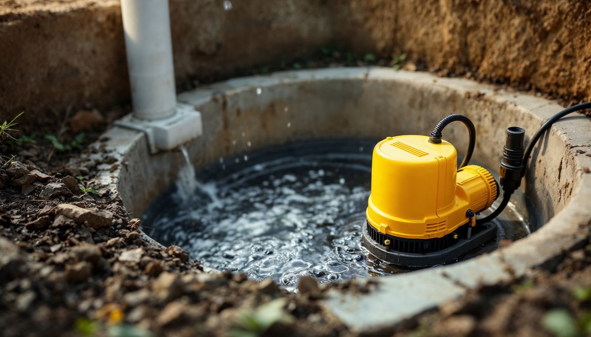 Une pompe jaune est assise dans un puits en béton rempli d'eau.