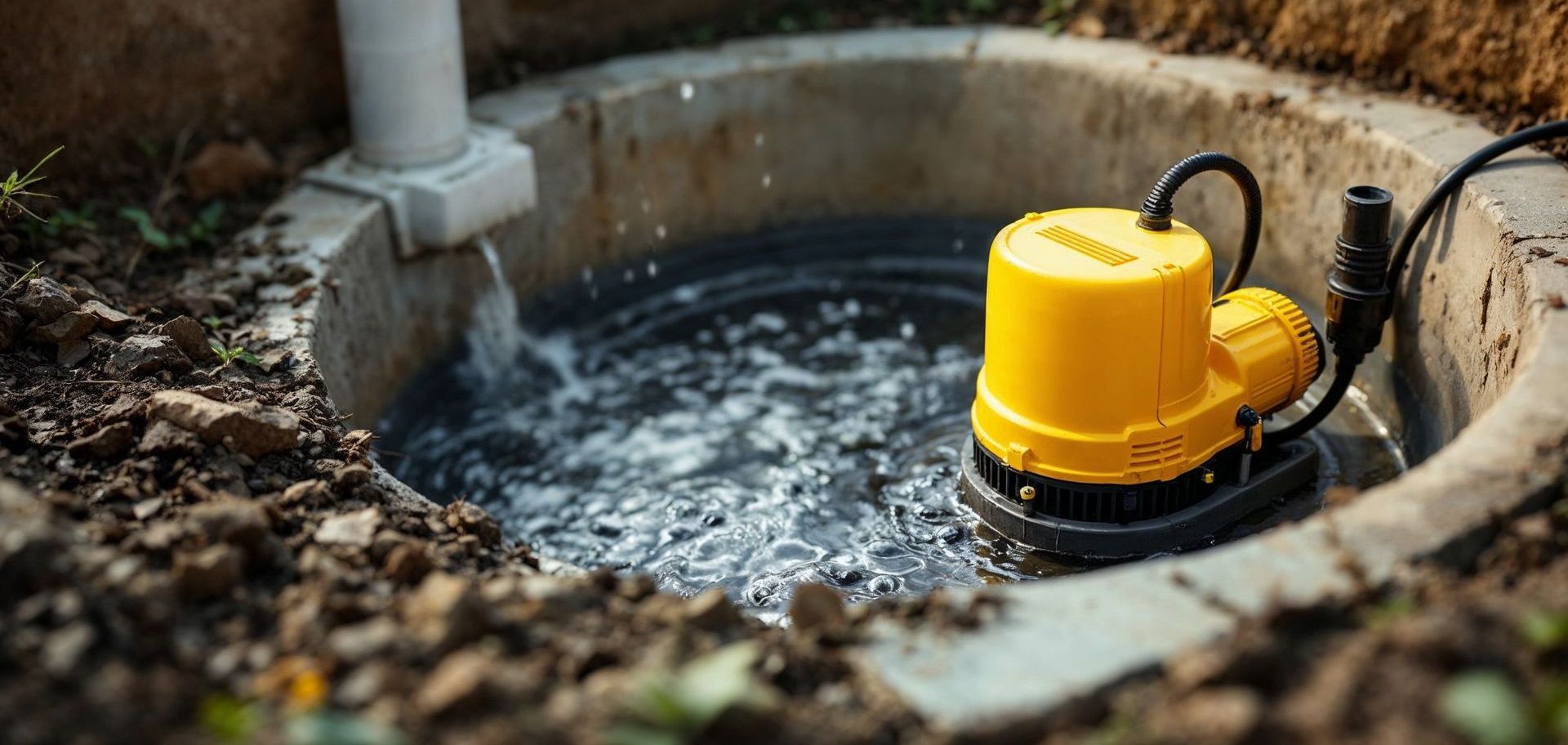 Pompe de puisard jaune dans un bassin en béton rempli d'eau. Tuyau blanc à gauche.