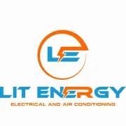 Logo for LIT Energy: blue and orange, a lightning bolt, text "LIT ENERGY", with "ELECTRICAL AND AIR CONDITIONING" below.