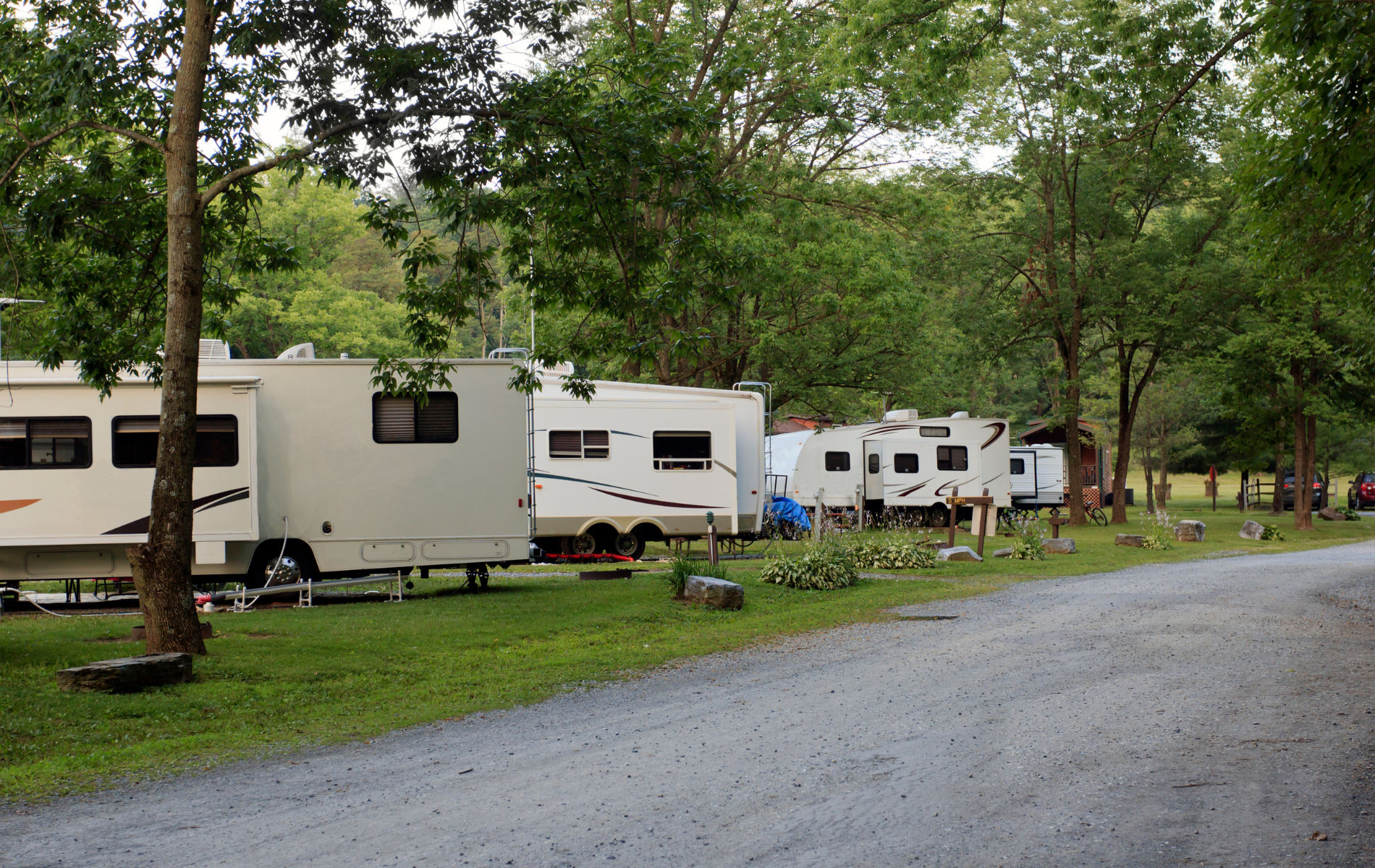Campground with RVs parked along a gravel road, trees in the background.