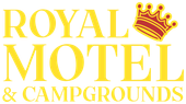 Royal Motel & Campgrounds logo with a crown. Text is gold.