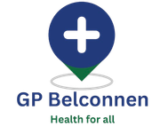 GP Belconnen logo with blue map pin and white cross, green tip, and tagline “Health for all”