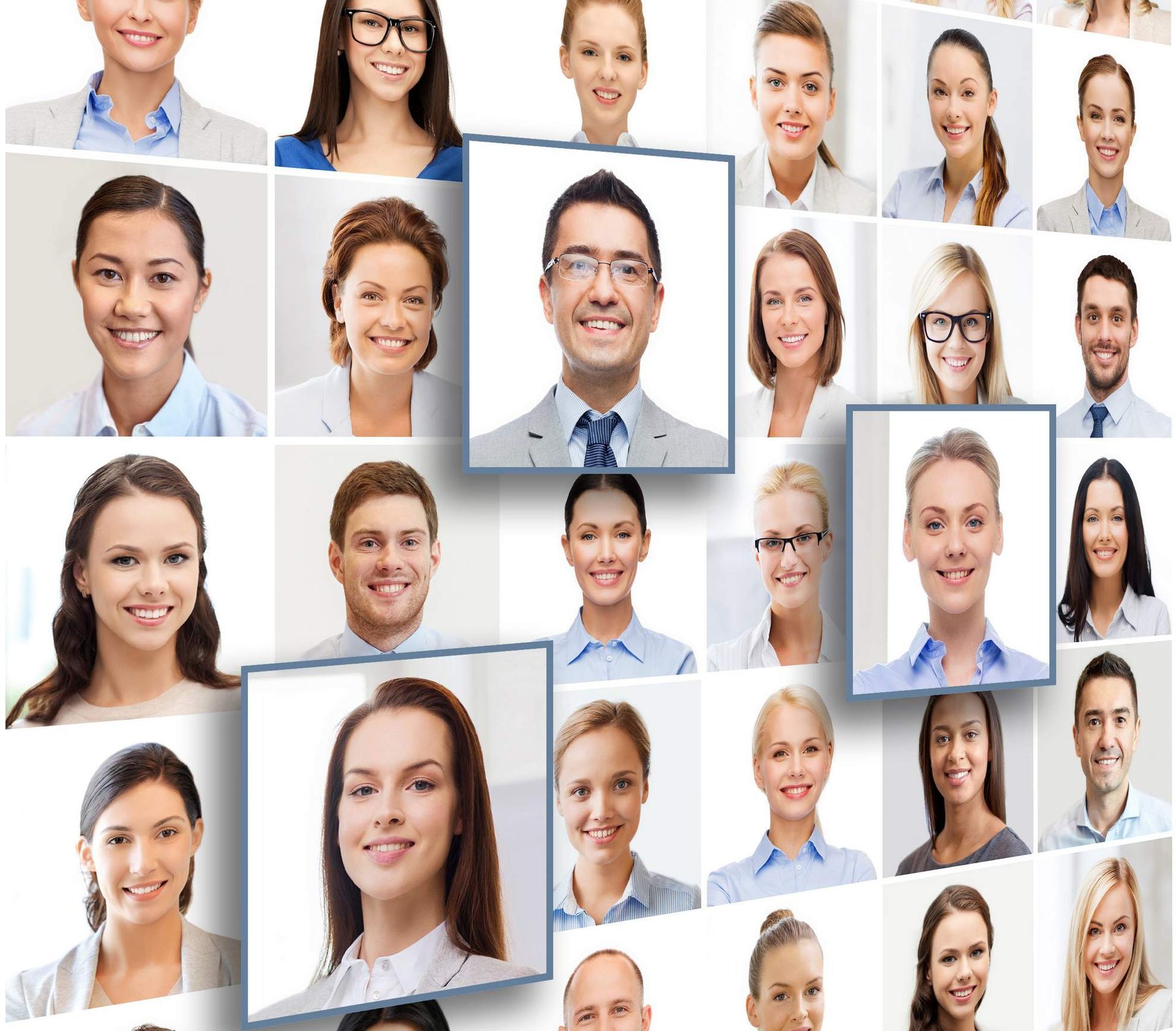 Collage van portretfoto's; diverse lachende professionals. Verschillende portretten met lichte schaduw.