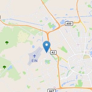Kaart van Eindhoven, Nederland met een markering in de buurt van de luchthaven Eindhoven (EIN) en de snelweg A2.