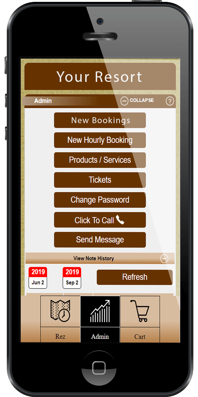 Community Tourism Tech Mobile Phone showing RezExpert web app