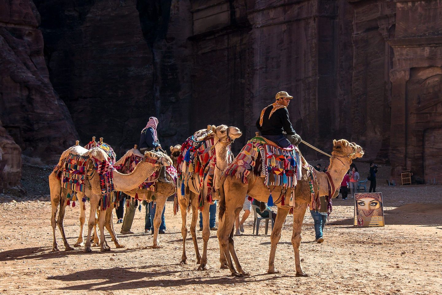 Men riding camels