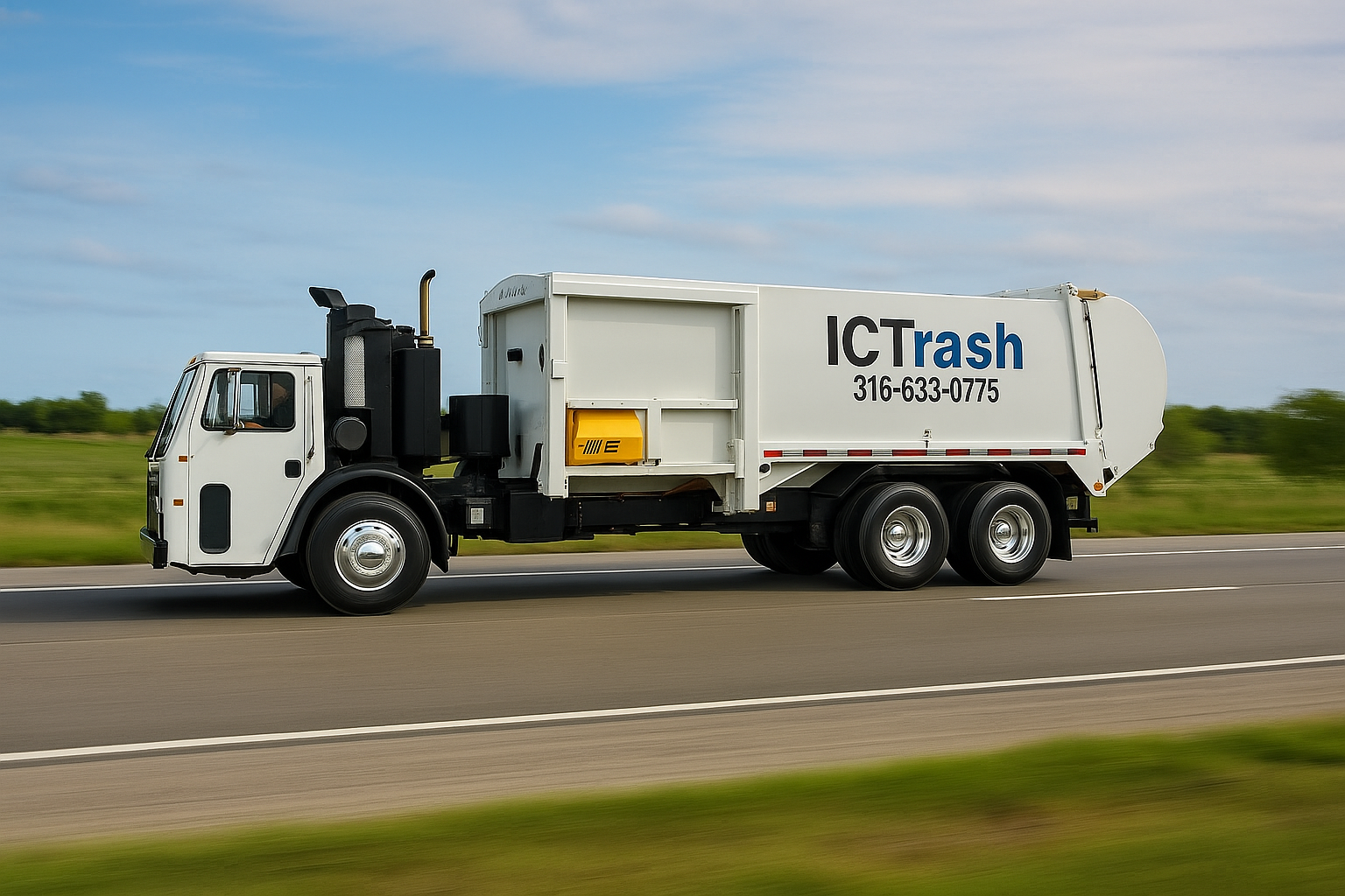 ICT Trash Truck White ICTrash garbage truck driving on a paved road, green field in the background.