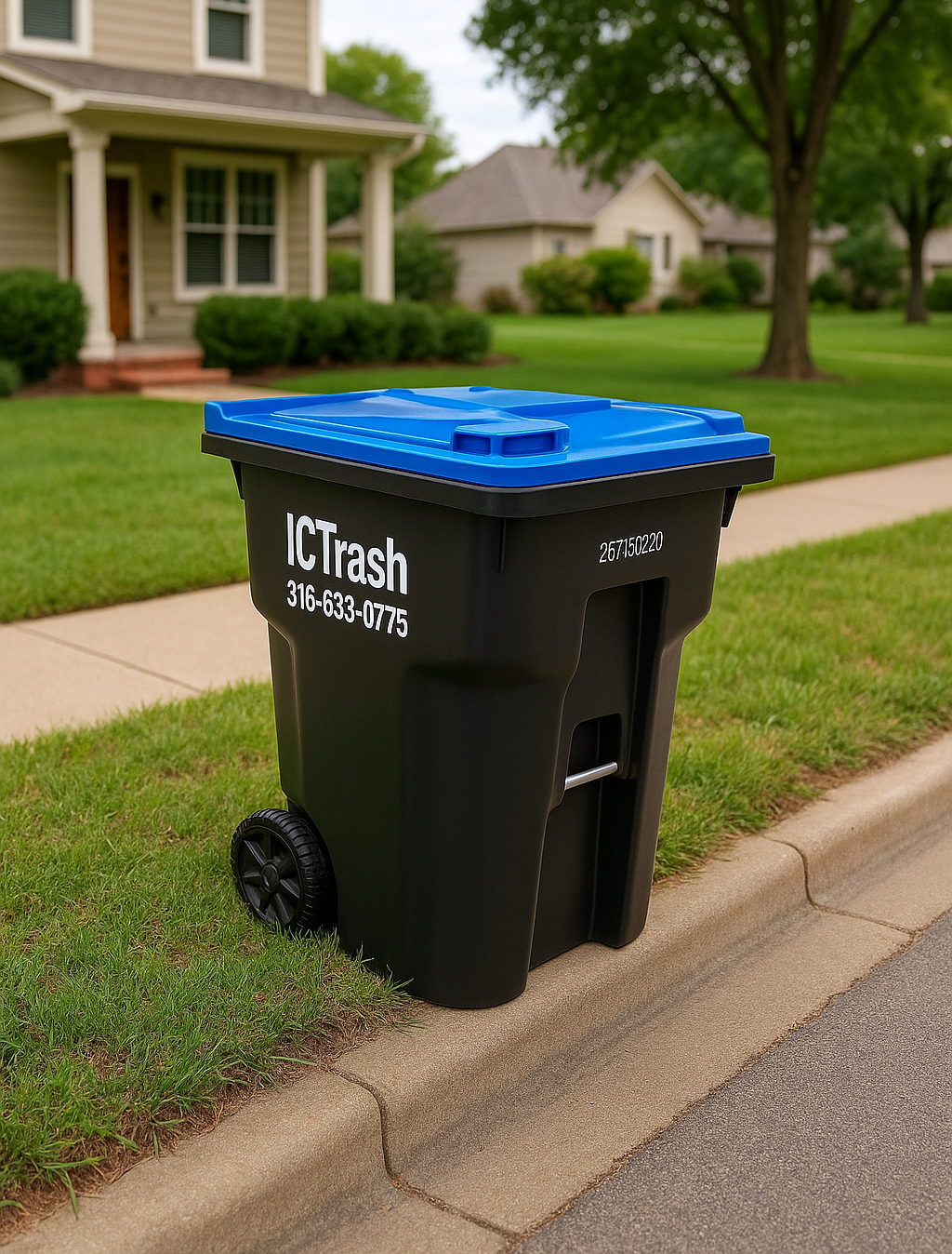 Residential trash cart with blue lid placed at the curb in a Wichita neighborhood