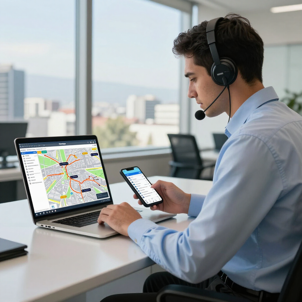 Agente de centro de llamadas usando auriculares con computadora portátil y teléfono inteligente, monitoreando mapas en una oficina luminosa.