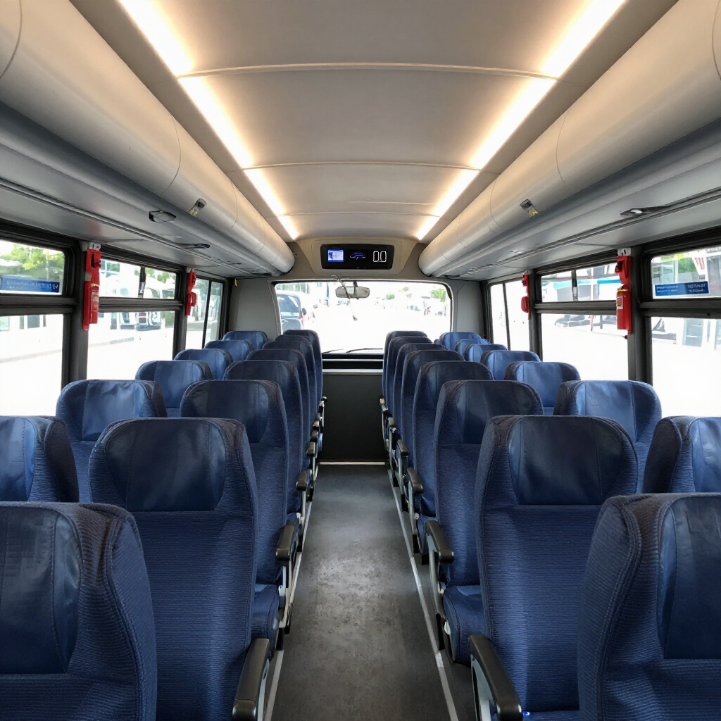 Interior vacío de un autobús con asientos azules y luces en el techo, visto desde el pasillo.