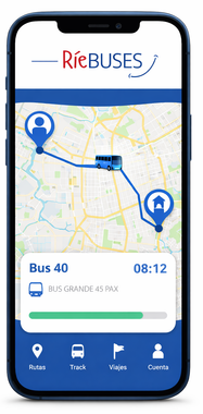 Aplicación móvil de seguimiento de autobuses que muestra el mapa de la ruta del autobús 40, la hora de llegada a las 08:12 y los iconos de navegación inferiores.