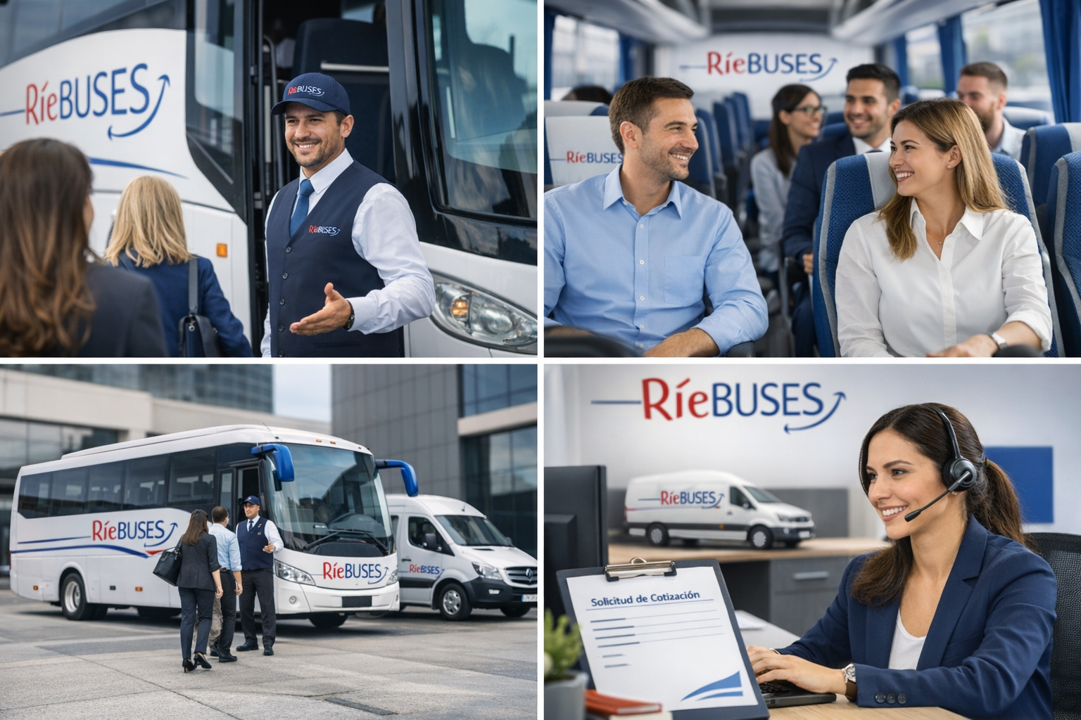 Collage de escenas del servicio de transporte ReBUS: personal saludando a los pasajeros, autobuses estacionados afuera y un agente con auriculares.