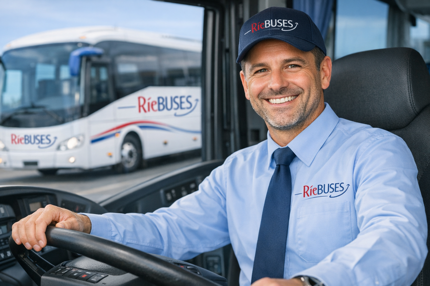 Un conductor de autobús sonriente, con camisa y gorra azules, dentro de un vehículo de RieBuses, con autobuses visibles fuera de la ventana.