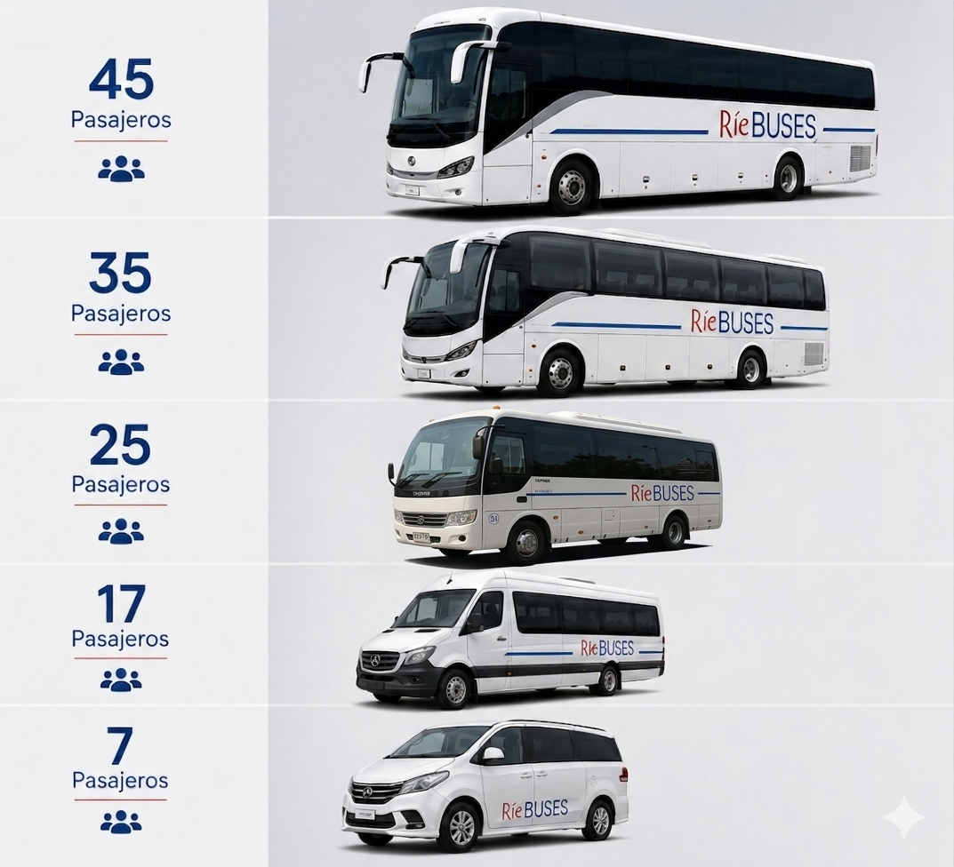 Infografía de cinco autobuses y furgonetas blancas con logotipos, ordenados por tamaño y capacidad de pasajeros, desde 45 hasta 7.