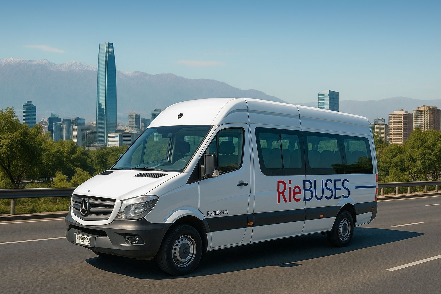 Una furgoneta blanca de la compañía RiBUSES circula por una autopista con el perfil de la ciudad y las montañas al fondo.