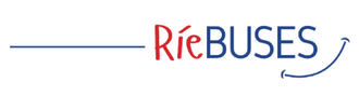 Logotipo de RieBuses en texto rojo y azul con una línea azul curva sobre un fondo blanco.