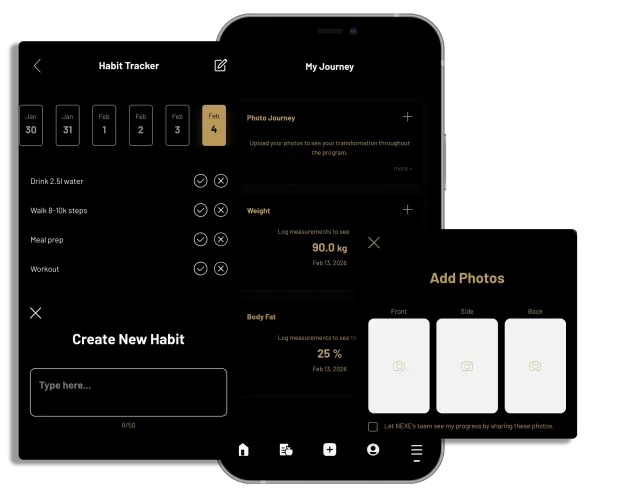 Screenshots of a fitness app, featuring workout videos and progress tracking.