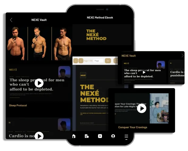 Screenshots of a fitness app, featuring workout videos and progress tracking.