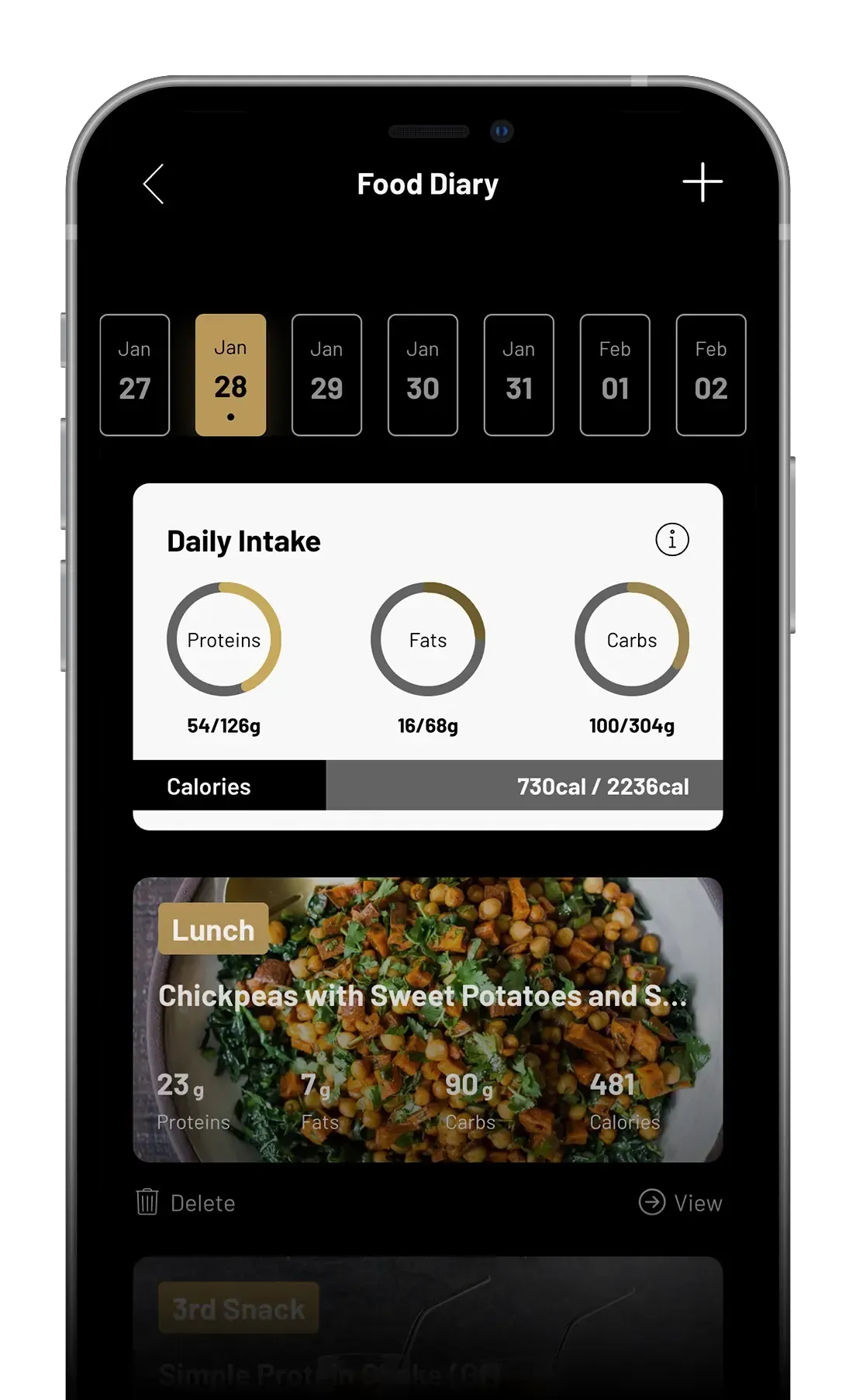 Mobile food diary app interface showing daily calorie intake breakdown. Includes a photo of a lunch dish.