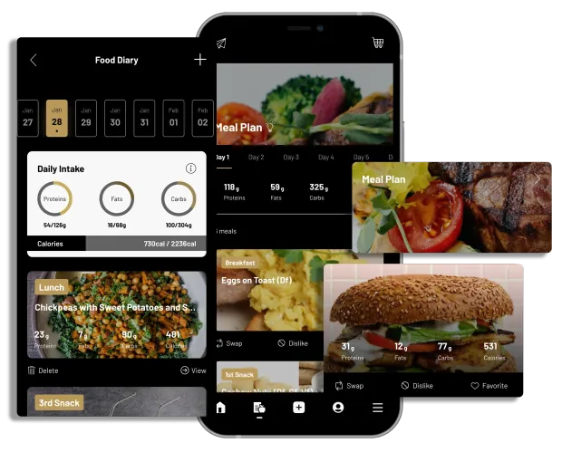 Screenshots of a food app, showcasing recipes and meal plans.