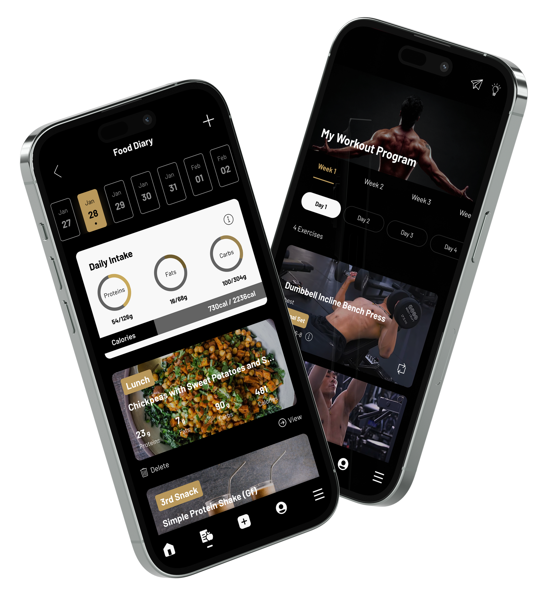 Two smartphones showcasing a fitness app with a muscular person and healthy food images.