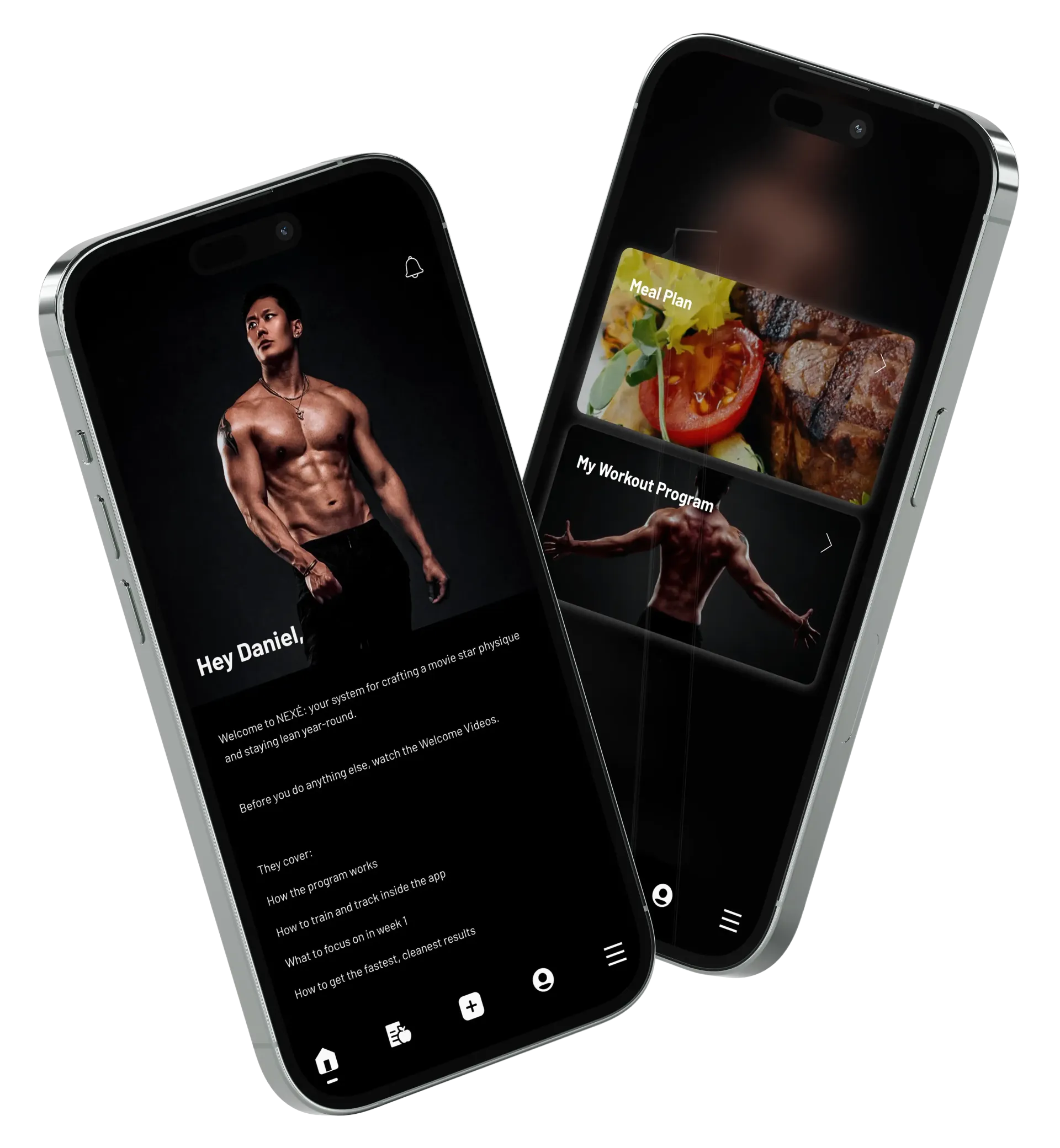 Two smartphones showcasing a fitness app with a muscular person and healthy food images.
