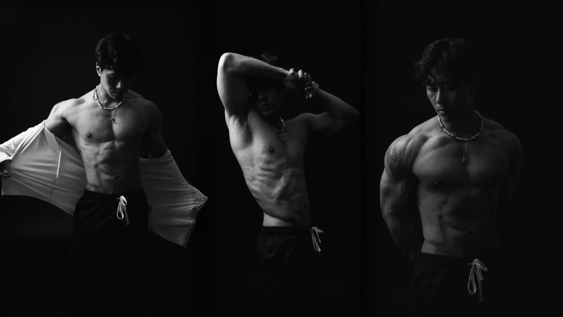 Three-panel black and white shot of a muscular person posing with an open shirt.
