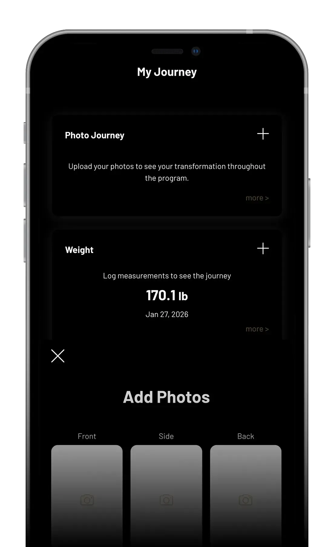 Smartphone app screen displaying weight (170.1 lbs) and photo options (front, side, back) for tracking progress.