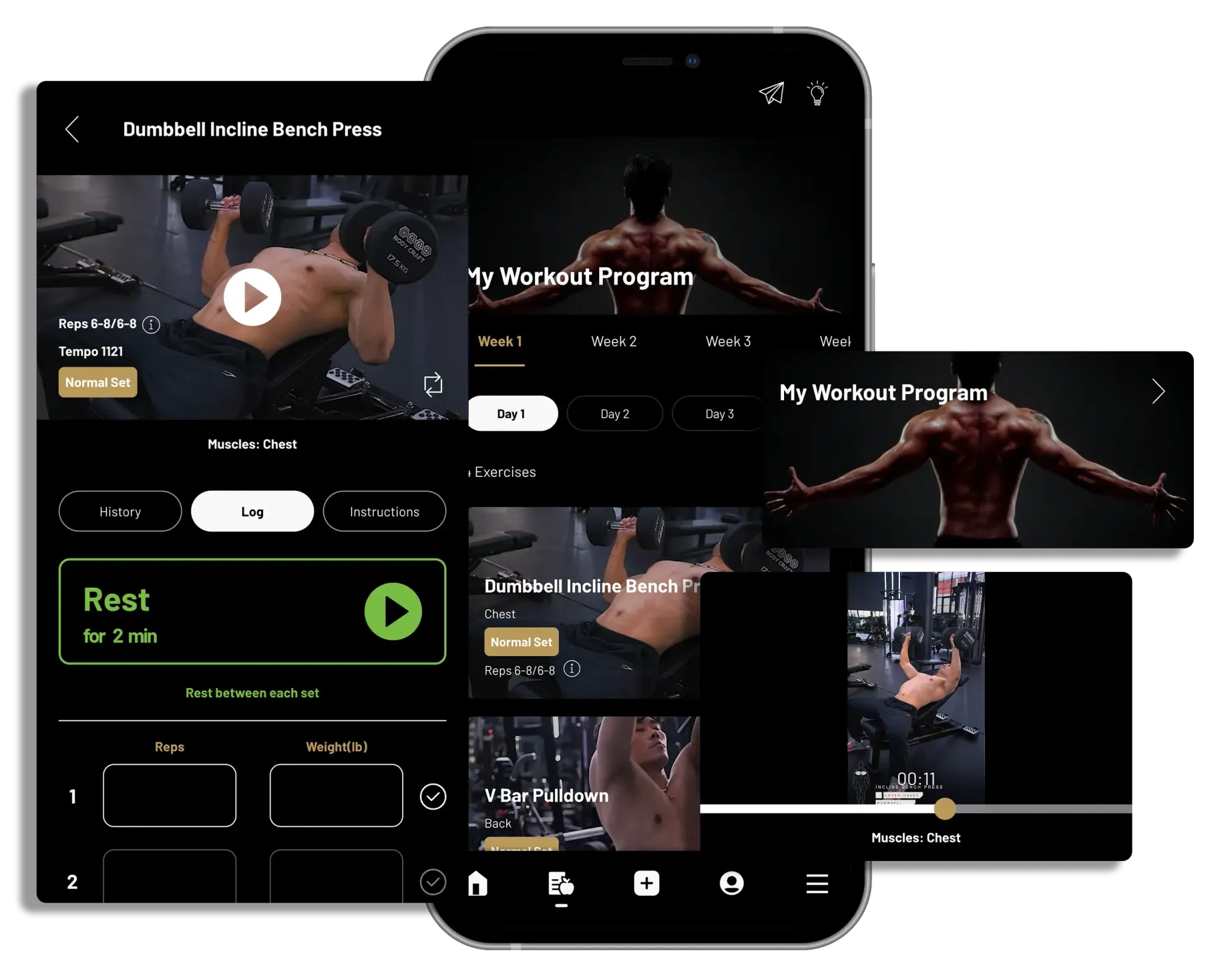 Screenshots of a fitness app, featuring workout videos and progress tracking.